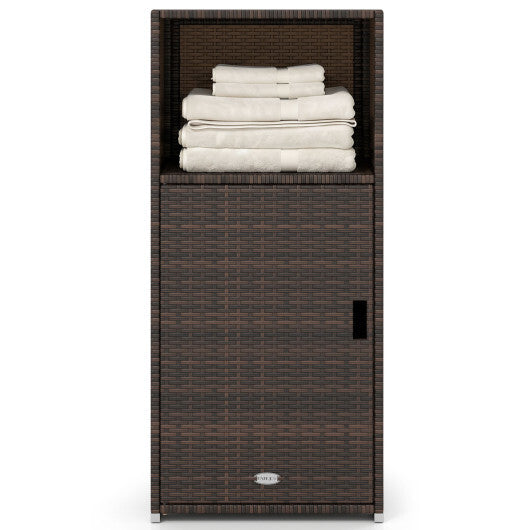 Outdoor PE Wicker Storage Cabinet with Door and Open Compartment for Patio-Brown W2B