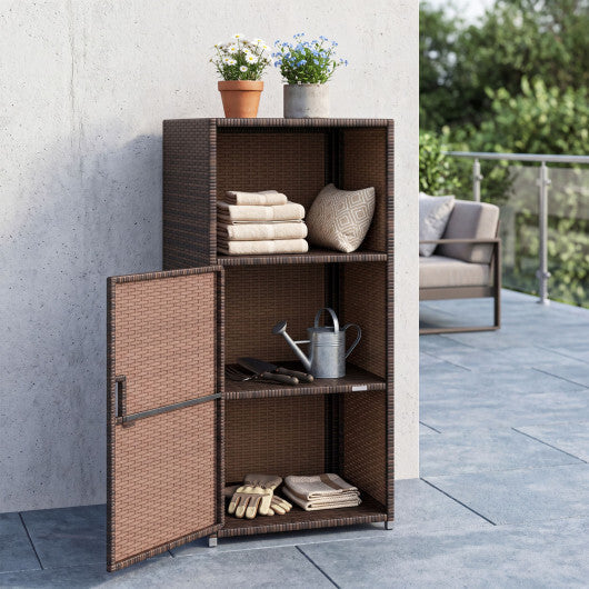 Outdoor PE Wicker Storage Cabinet with Door and Open Compartment for Patio-Brown W2B