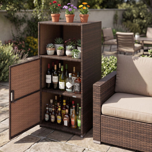 Outdoor PE Wicker Storage Cabinet with Door and Open Compartment for Patio-Brown W2B