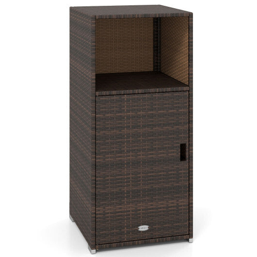 Outdoor PE Wicker Storage Cabinet with Door and Open Compartment for Patio-Brown W2B