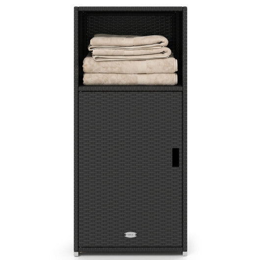 Outdoor PE Wicker Storage Cabinet with Door and Open Compartment for Patio-Brown W2B