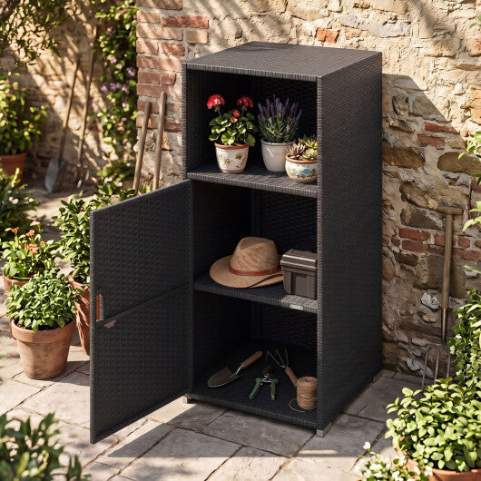 Outdoor PE Wicker Storage Cabinet with Door and Open Compartment for Patio-Brown W2B