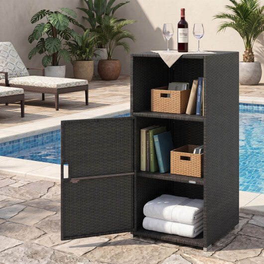 Outdoor PE Wicker Storage Cabinet with Door and Open Compartment for Patio-Brown W2B