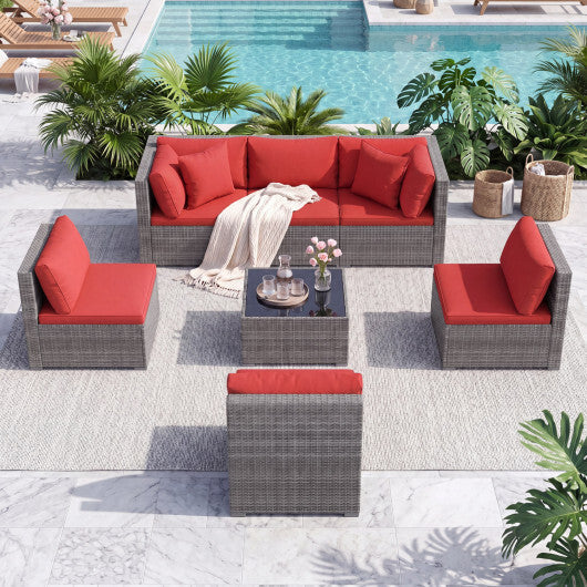 7-Piece PE Rattan Patio Set with Glass Table & Soft Cushions for Outdoor-Red W2B