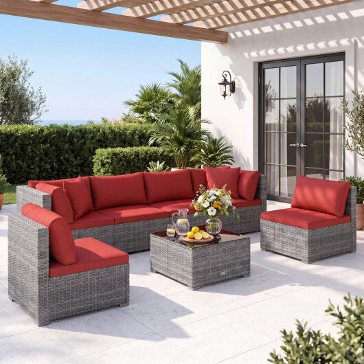 7-Piece PE Rattan Patio Set with Glass Table & Soft Cushions for Outdoor-Red W2B