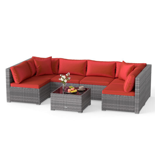 7-Piece PE Rattan Patio Set with Glass Table & Soft Cushions for Outdoor-Red W2B