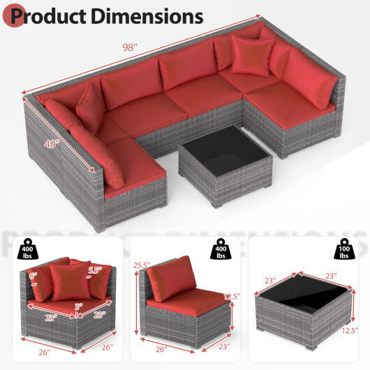 7-Piece PE Rattan Patio Set with Glass Table & Soft Cushions for Outdoor-Red W2B