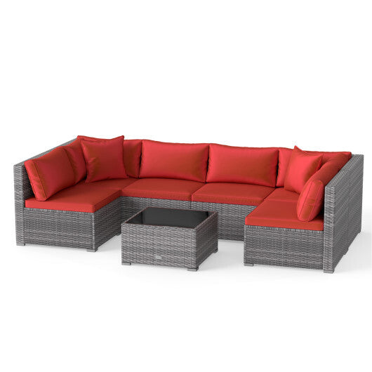 7-Piece PE Rattan Patio Set with Glass Table & Soft Cushions for Outdoor-Red W2B