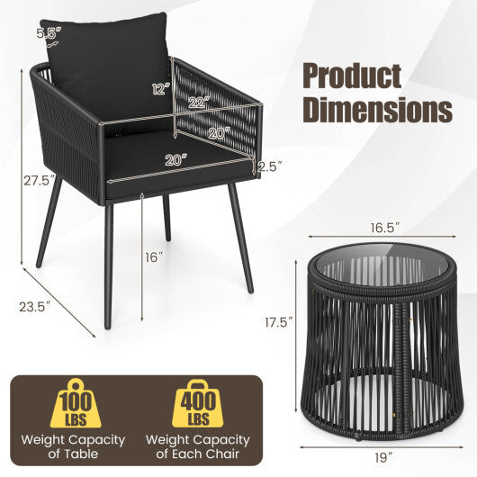 3-Piece Outdoor Furniture Set with Cushions for Porch Garden-Black W2B