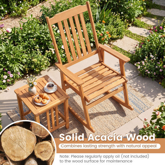 Acacia Wood Oversized Rocking Chair with High Back and Armrests for Outdoor-Natural W2B