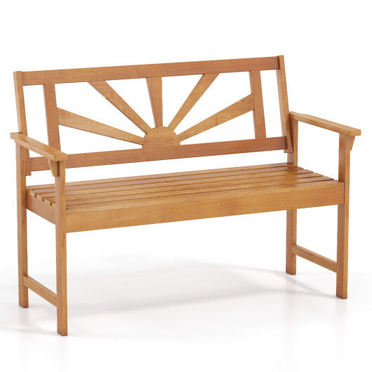2-Seater Acacia Wood Loveseat Bench with Backrest and Armrests for Patio W2B