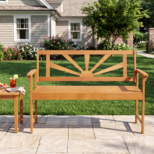 2-Seater Acacia Wood Loveseat Bench with Backrest and Armrests for Patio W2B