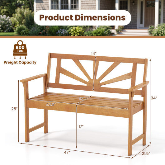 2-Seater Acacia Wood Loveseat Bench with Backrest and Armrests for Patio W2B