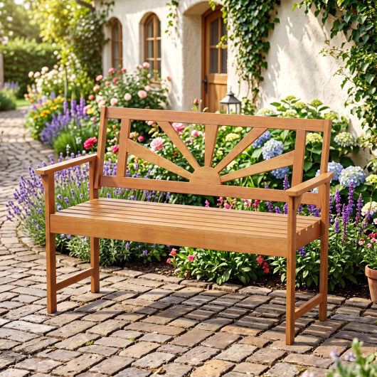 2-Seater Acacia Wood Loveseat Bench with Backrest and Armrests for Patio W2B