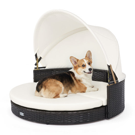 Wicker Dog House with Retractable Canopy & Removable Cushion for Small Medium Dogs-White W2B