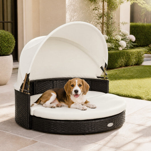 Wicker Dog House with Retractable Canopy & Removable Cushion for Small Medium Dogs-White W2B