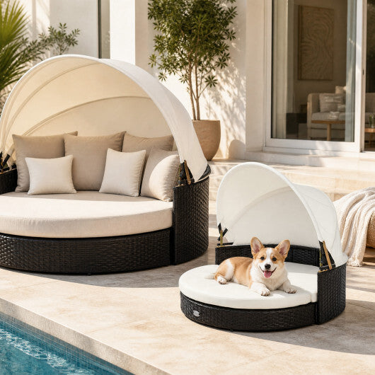 Wicker Dog House with Retractable Canopy & Removable Cushion for Small Medium Dogs-White W2B