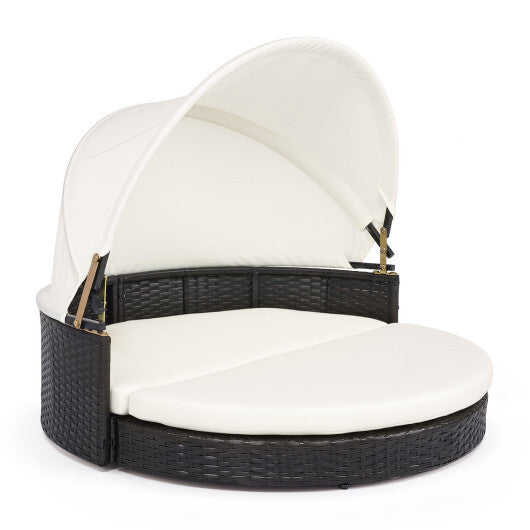 Wicker Dog House with Retractable Canopy & Removable Cushion for Small Medium Dogs-White W2B