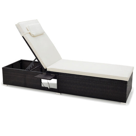 PE Rattan Chaise Lounge with Adjustable Backrest and Foldable Side Table Outdoor-White W2B