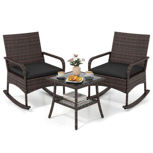 3 Pieces PE Wicker Rocking Bistro Set with 2-Tier Side Table Cushions and Ergonomic Armchairs for Porch-Black W2B