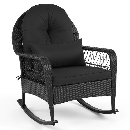 Outdoor Wicker Rocking Chair with Anti-Tip Stoppers and Thick Cushions for Porch-Black W2B