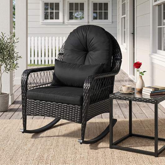 Outdoor Wicker Rocking Chair with Anti-Tip Stoppers and Thick Cushions for Porch-Black W2B