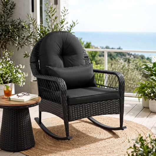 Outdoor Wicker Rocking Chair with Anti-Tip Stoppers and Thick Cushions for Porch-Black W2B