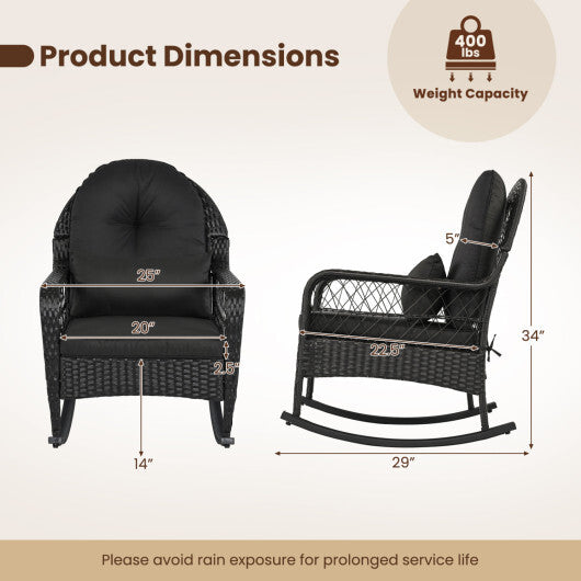 Outdoor Wicker Rocking Chair with Anti-Tip Stoppers and Thick Cushions for Porch-Black W2B