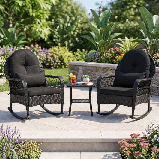 Outdoor Wicker Rocking Chair with Anti-Tip Stoppers and Thick Cushions for Porch-Black W2B