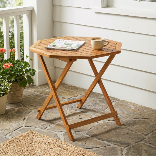 Acacia Wood Outdoor Folding Dining Table for 4 Octagonal with Slatted Tabletop W2B