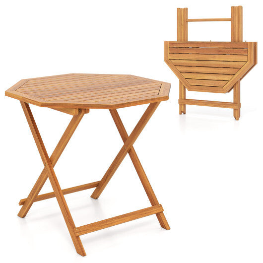 Acacia Wood Outdoor Folding Dining Table for 4 Octagonal with Slatted Tabletop W2B
