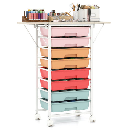 8-Drawer Rolling Cart with Wooden Tabletop and Folding Side Panels for Living Room-Macaron W2B