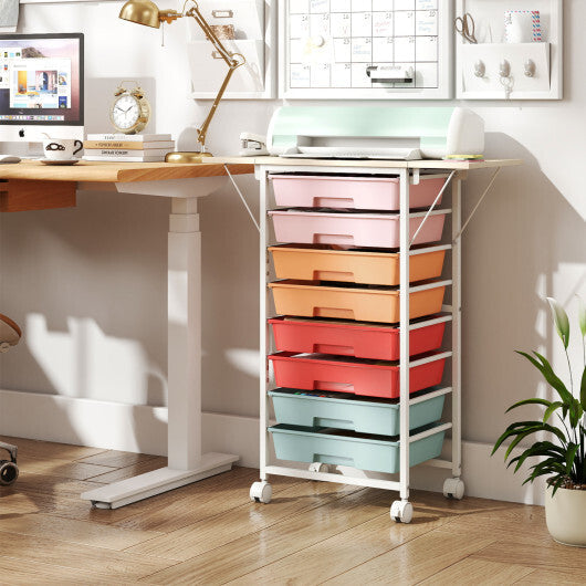 8-Drawer Rolling Cart with Wooden Tabletop and Folding Side Panels for Living Room-Macaron W2B