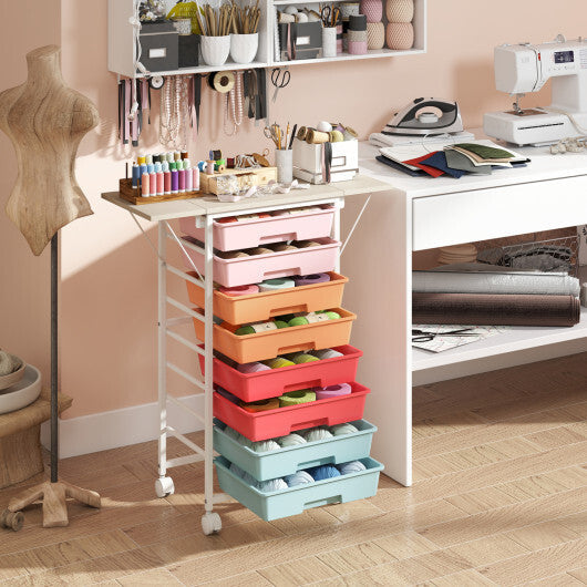 8-Drawer Rolling Cart with Wooden Tabletop and Folding Side Panels for Living Room-Macaron W2B