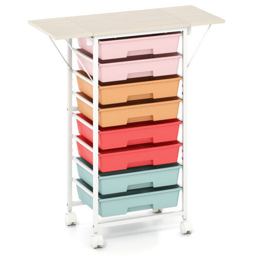 8-Drawer Rolling Cart with Wooden Tabletop and Folding Side Panels for Living Room-Macaron W2B
