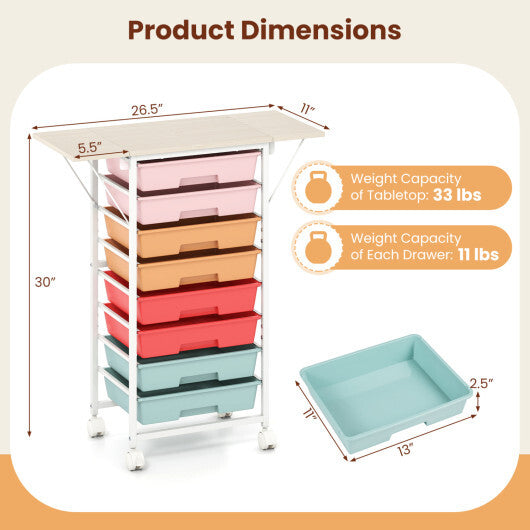 8-Drawer Rolling Cart with Wooden Tabletop and Folding Side Panels for Living Room-Macaron W2B