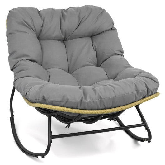 Outdoor Papasan Rocking Chair with Thick Cushioned Seat for Patio-Gray W2B