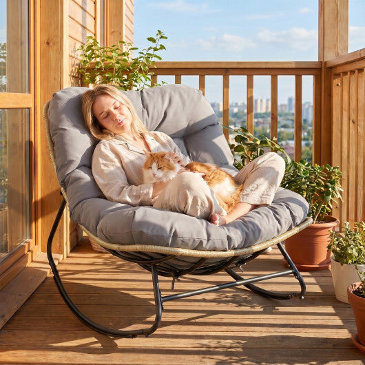 Outdoor Papasan Rocking Chair with Thick Cushioned Seat for Patio-Gray W2B