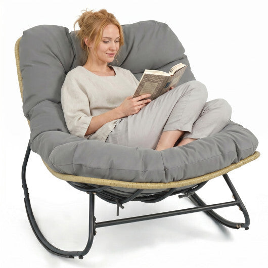 Outdoor Papasan Rocking Chair with Thick Cushioned Seat for Patio-Gray W2B
