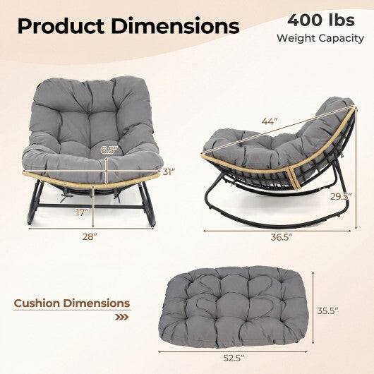 Outdoor Papasan Rocking Chair with Thick Cushioned Seat for Patio-Gray W2B