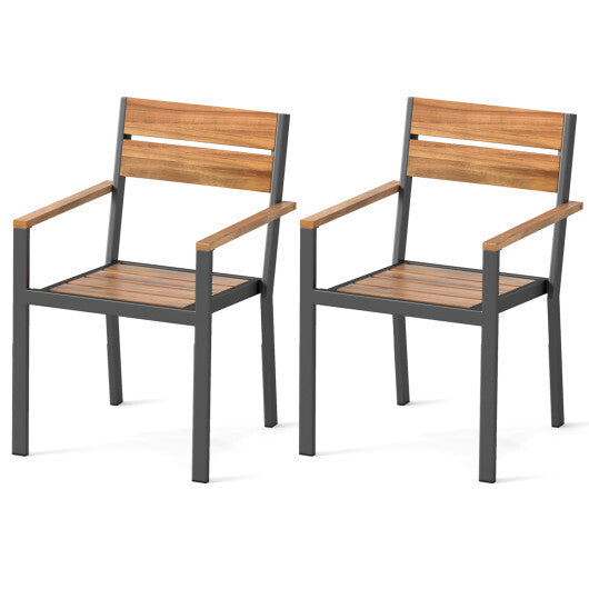 2 piece Outside Patio Dining Chair with Acacia Armrest for Backyard Garden W2B