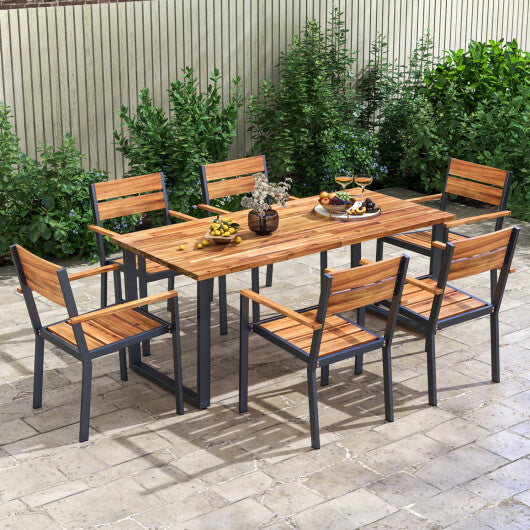 2 piece Outside Patio Dining Chair with Acacia Armrest for Backyard Garden W2B