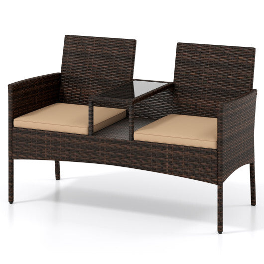 Patio Loveseat Wicker 2-Seat Conversation Set with Built-in Coffee Table-Brown W2B