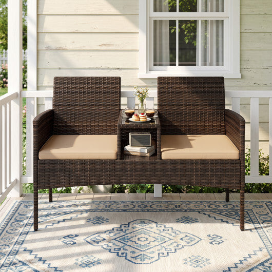 Patio Loveseat Wicker 2-Seat Conversation Set with Built-in Coffee Table-Brown W2B