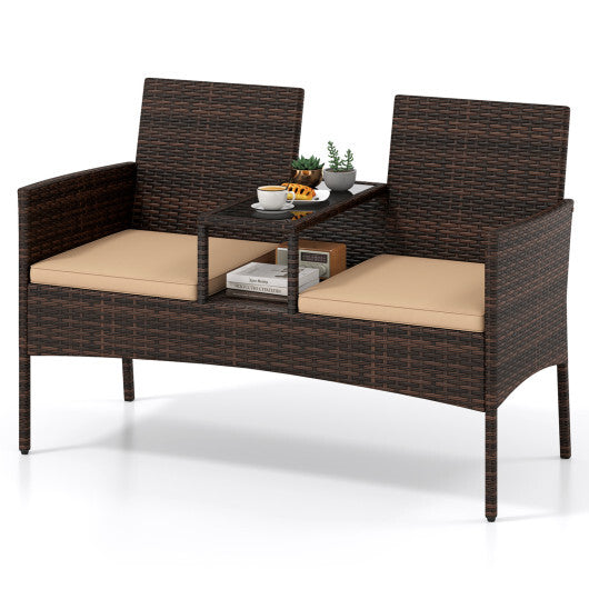 Patio Loveseat Wicker 2-Seat Conversation Set with Built-in Coffee Table-Brown W2B