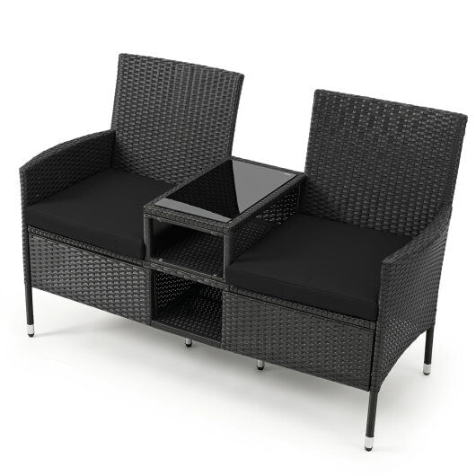 Outdoor Wicker Patio Loveseat with Built-in Glass Side Table-Black W2B