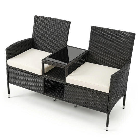 Outdoor Wicker Patio Loveseat with Built-in Glass Side Table-Black W2B