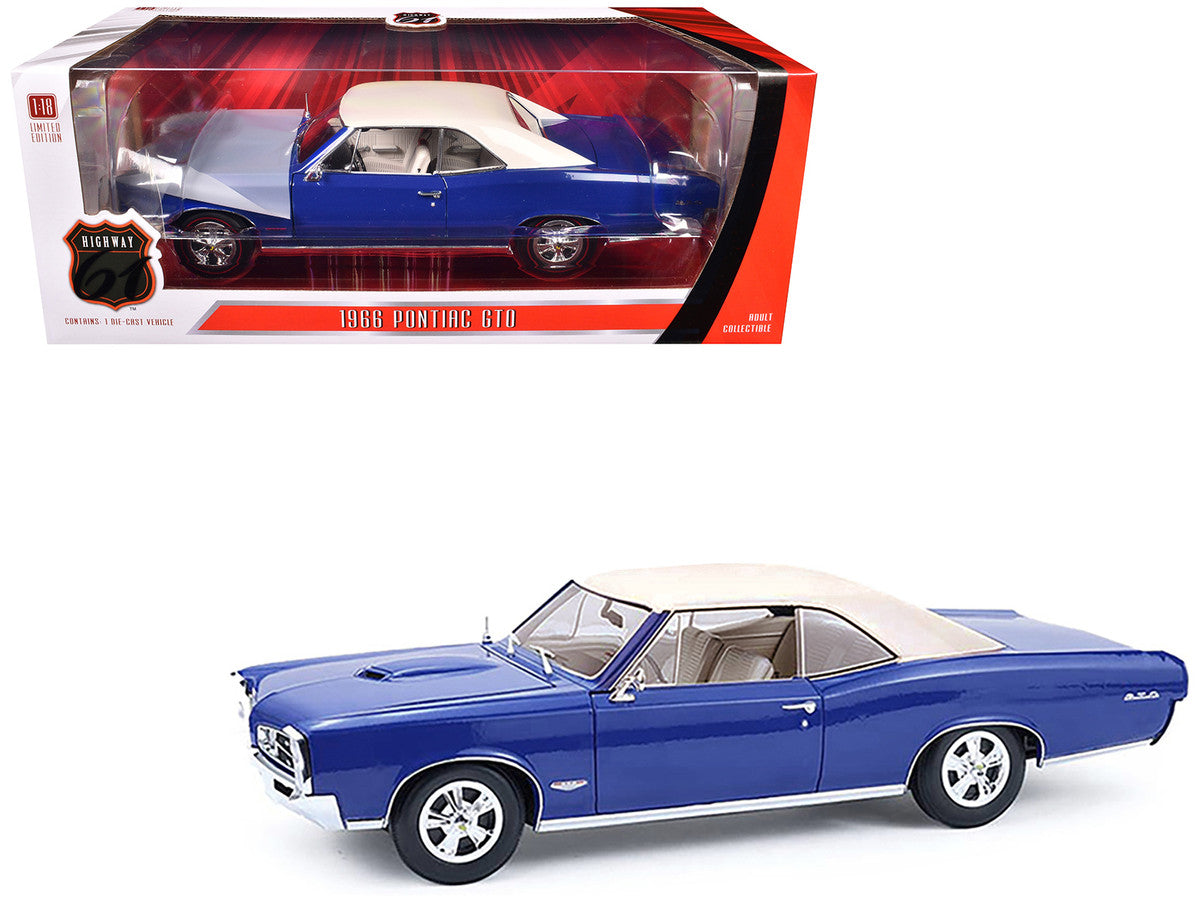 1966 Pontiac GTO Barrier Blue with White Top and Interior 1/18 Diecast Model Car by Highway 61 Highway 61