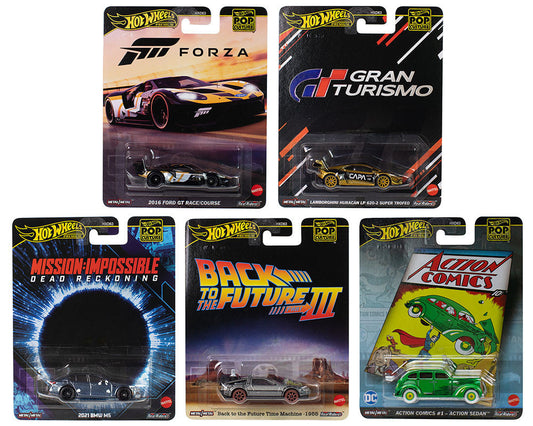 "Pop Culture 2025" 5 piece Set L "Premium Series" Diecast Model Cars by Hot Wheels Hotwheels