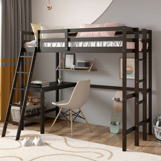 Twin Size Loft Bed Frame with Desk Angled and Built-in Ladder-White
